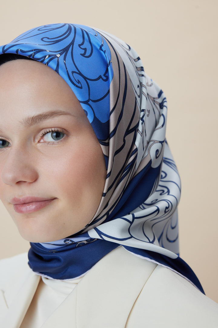 SAFİ TİVİL İPEK EŞARP 90*90 CM - LACİVERT - Görsel 5