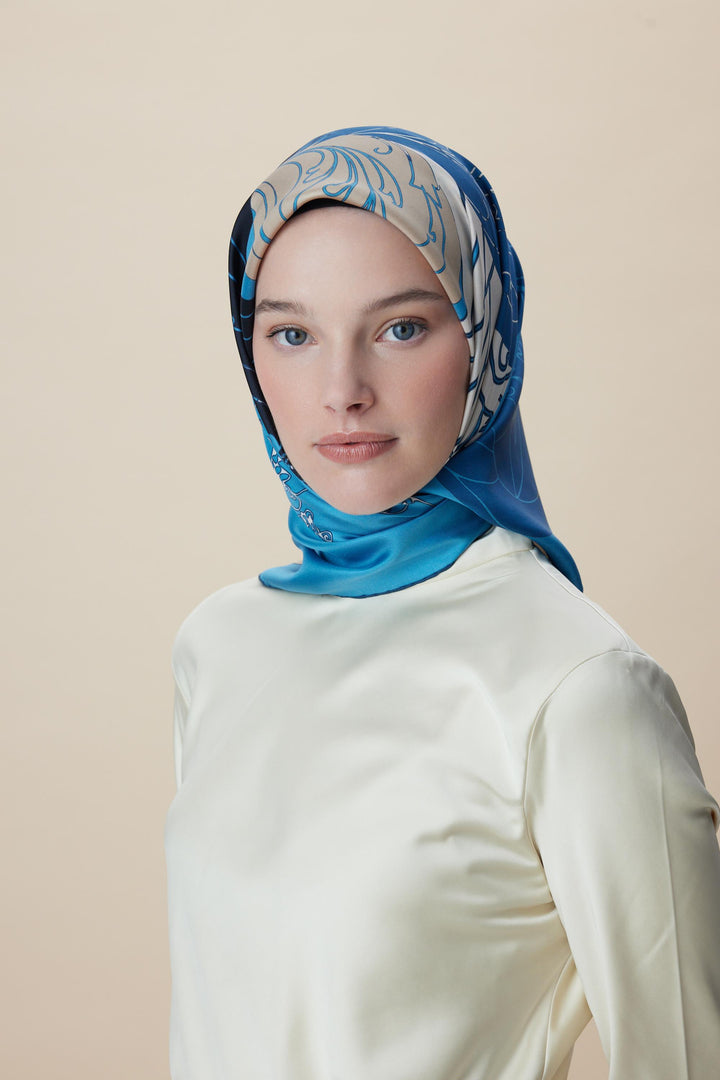 SAFİ TİVİL İPEK EŞARP 90*90 CM - MAVİ - Görsel 4