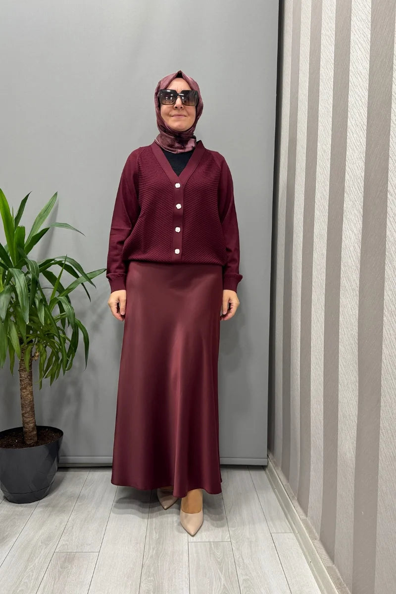 Sentez Luna Saten Volanlı Etek 5457 - Bordo - Görsel 2 