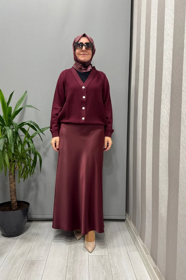 Sentez Luna Saten Volanlı Etek 5457 - Bordo - Görsel 2 