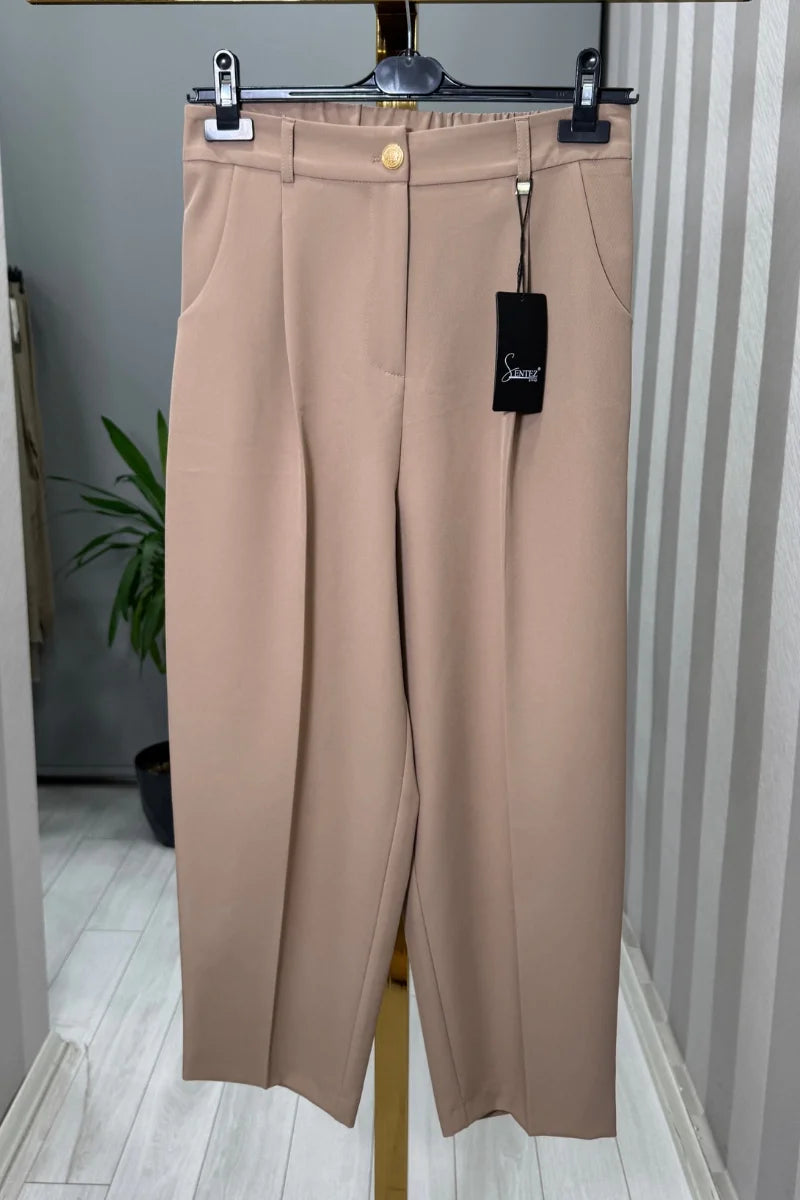 Sentez Roma Arkası Lastikli Pileli Pantolon 5567 - Camel - Görsel 1 