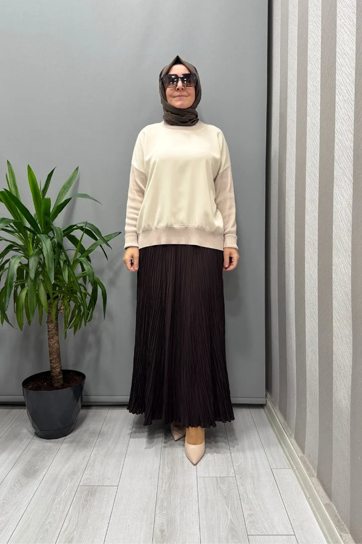 Sentez Şifon Kırıştırma Etek 5432 - Kahve - Görsel 1 