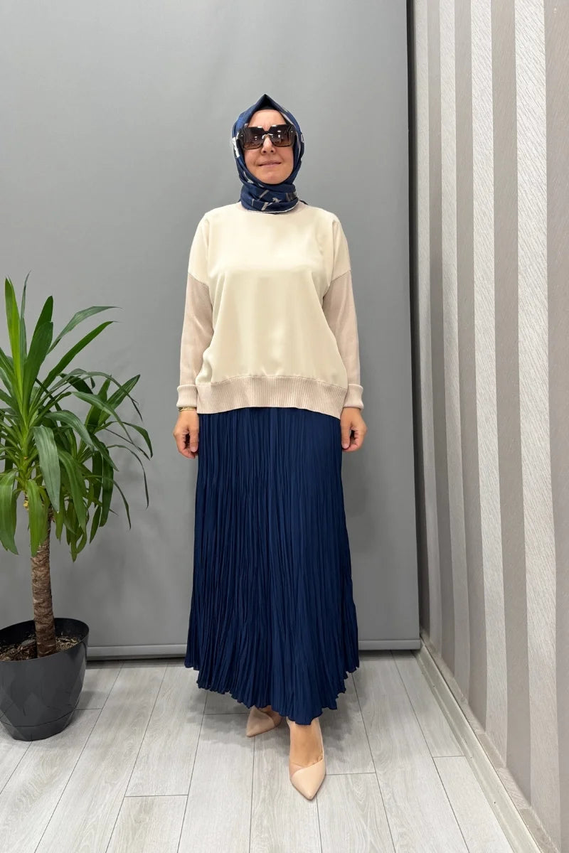 Sentez Şifon Kırıştırma Etek 5432 - Lacivert - Görsel 1 