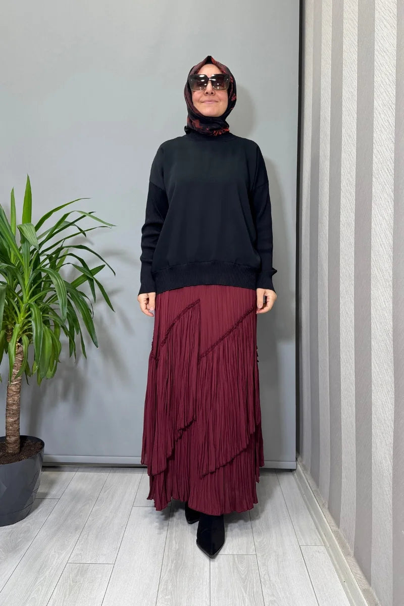 Sentez Vioala Parçalı Kırıştırma Etek 5475 - Bordo - Görsel 2 