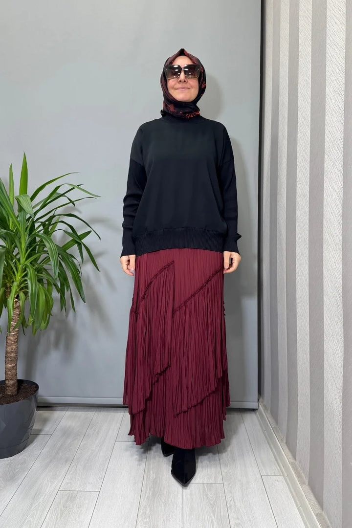 Sentez Vioala Parçalı Kırıştırma Etek 5475 - Bordo - Görsel 2 