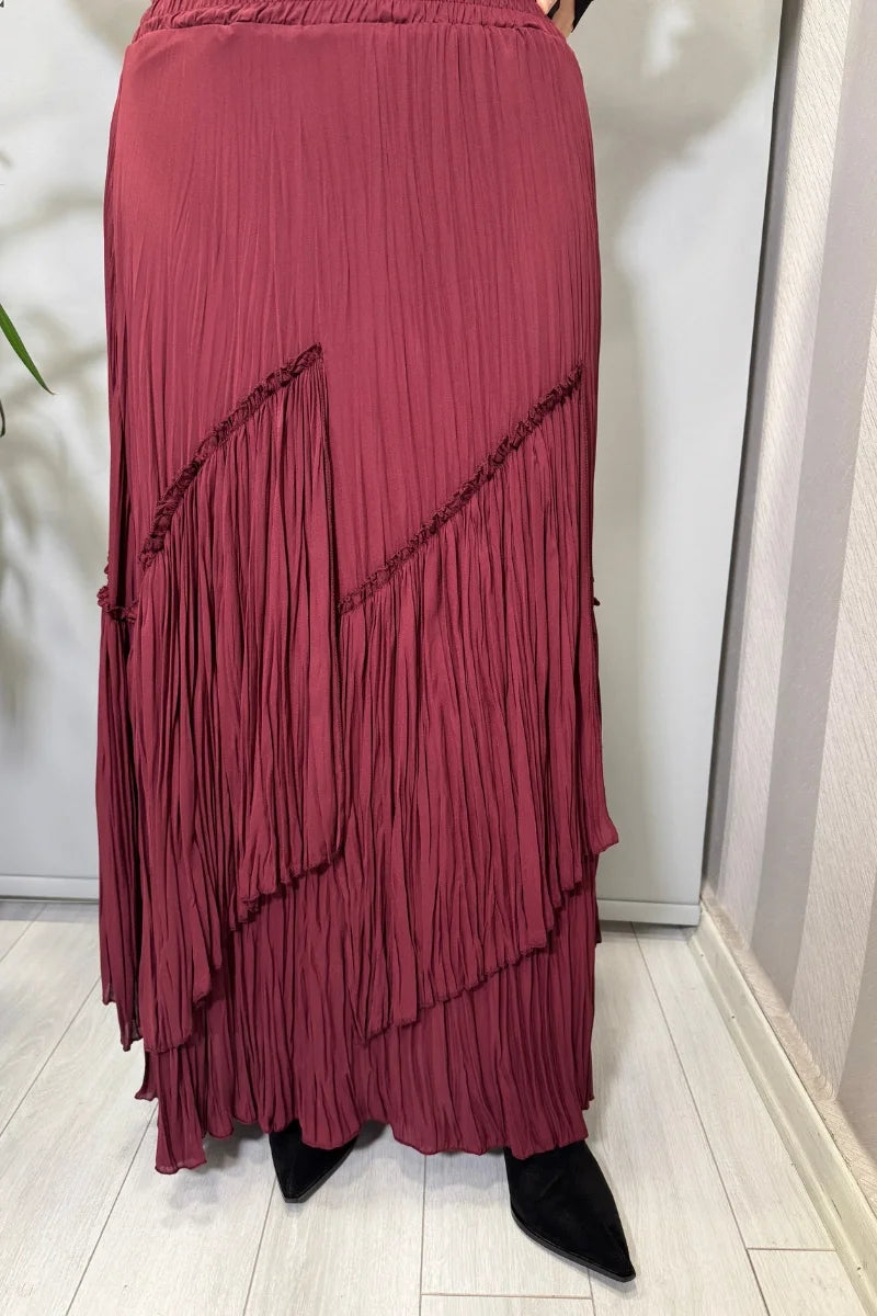 Sentez Vioala Parçalı Kırıştırma Etek 5475 - Bordo - Görsel 1 