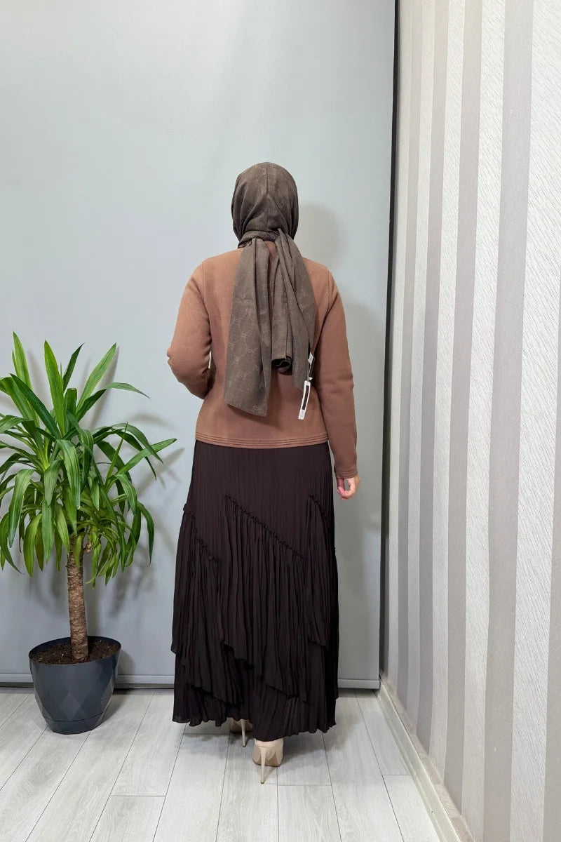 Sentez Vioala Parçalı Kırıştırma Etek 5475 - Kahve - Görsel 4 