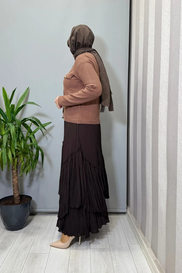 Sentez Vioala Parçalı Kırıştırma Etek 5475 - Kahve - Görsel 3 
