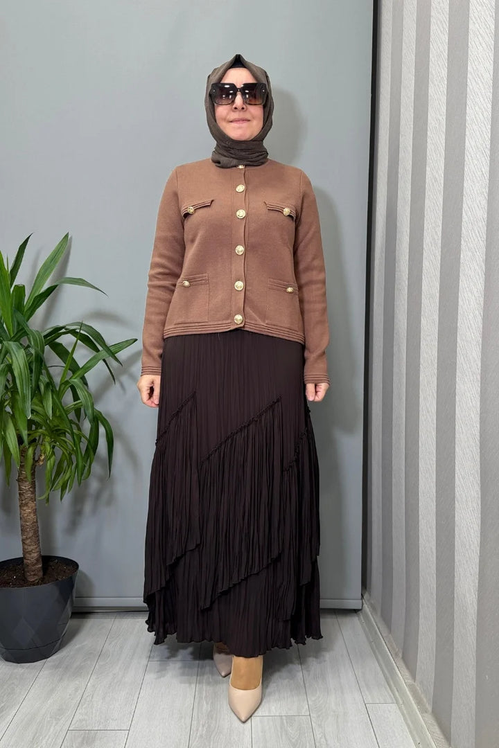 Sentez Vioala Parçalı Kırıştırma Etek 5475 - Kahve - Görsel 2 