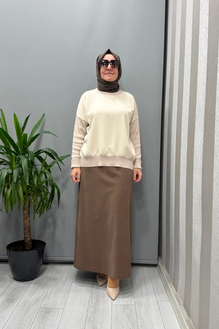 Sentez Yanı Nervürlü Etek 5461 - Kahve - Görsel 2 