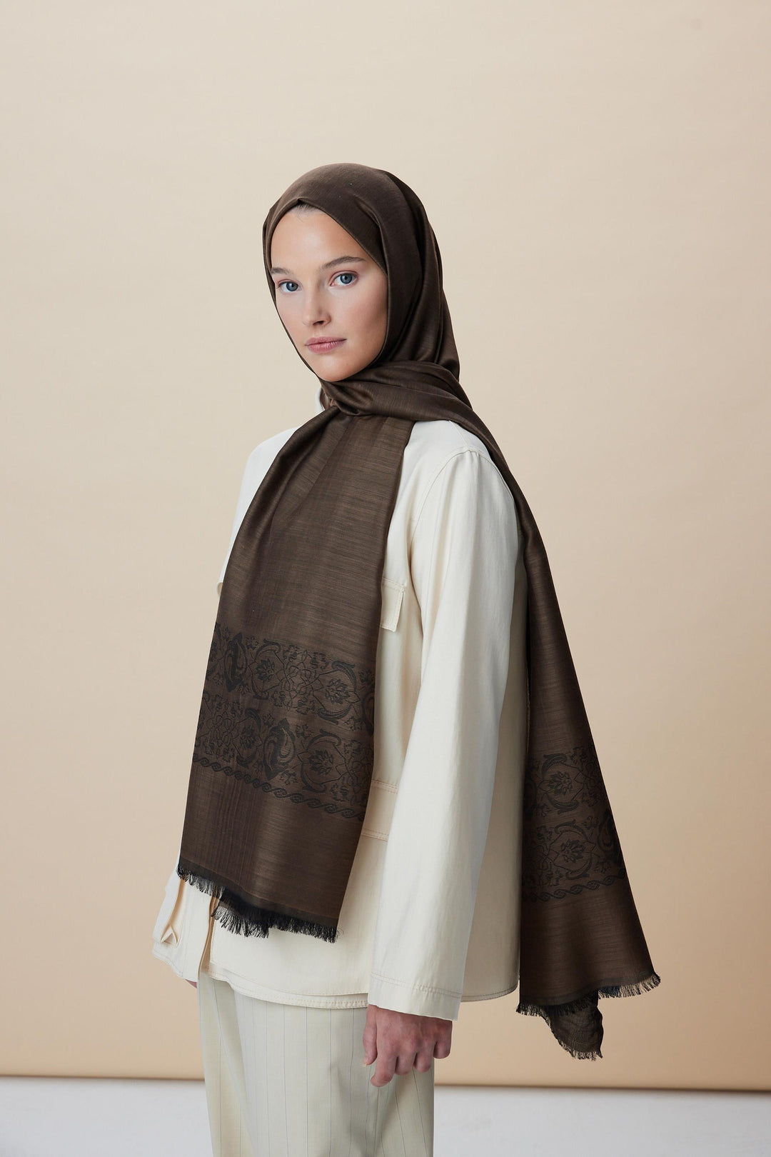 Maisa SIRMA Yün İpek Jakarlı Şal - Kahverengi - Görsel 4 