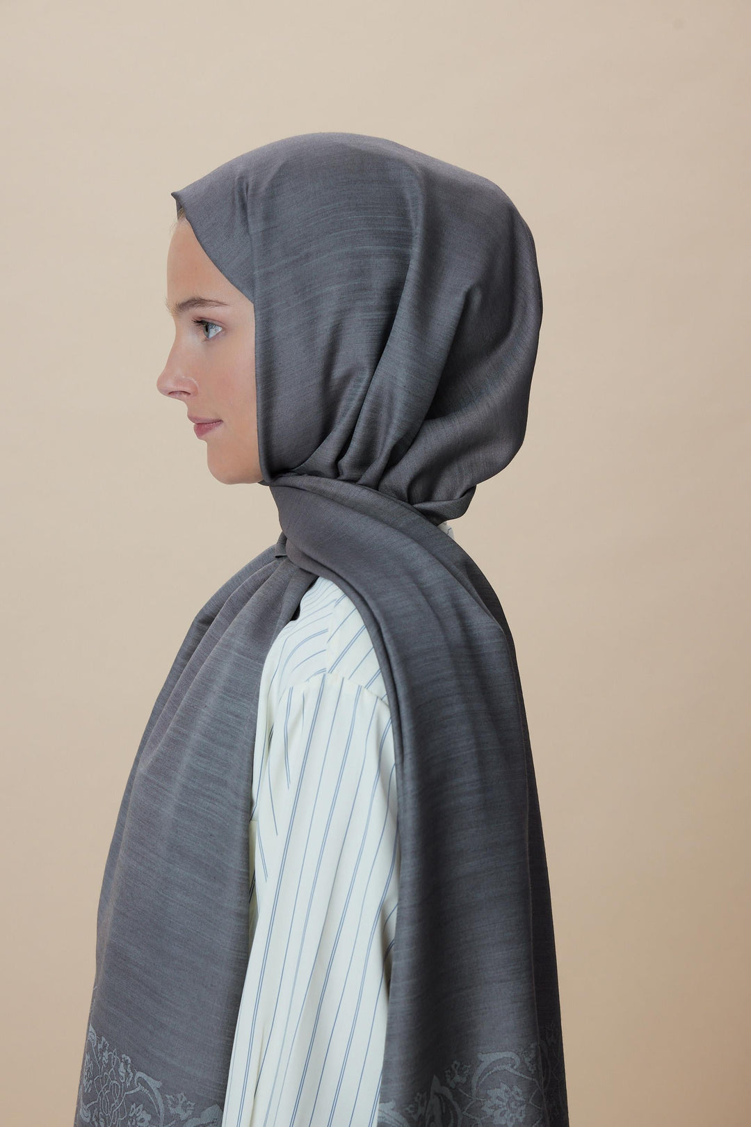 Maisa SIRMA Yün İpek Jakarlı Şal - Vizon - Görsel 5 