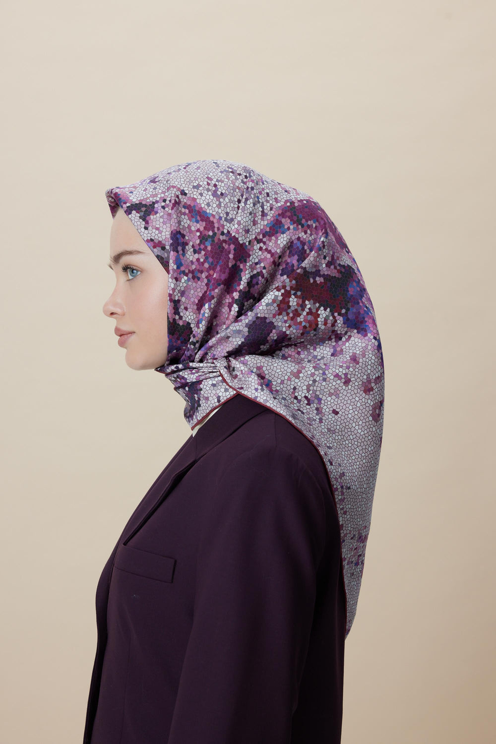 SU MASALI ÇİFT TARAFLI TİVİL İPEK EŞARP 90*90 CM - GÜL KURUSU - Görsel 2