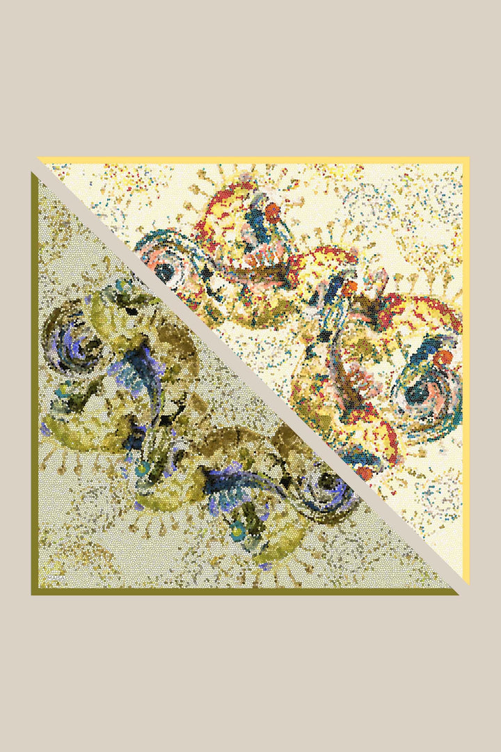 SU MASALI ÇİFT TARAFLI TİVİL İPEK EŞARP 90*90 CM - SARI - Görsel 3
