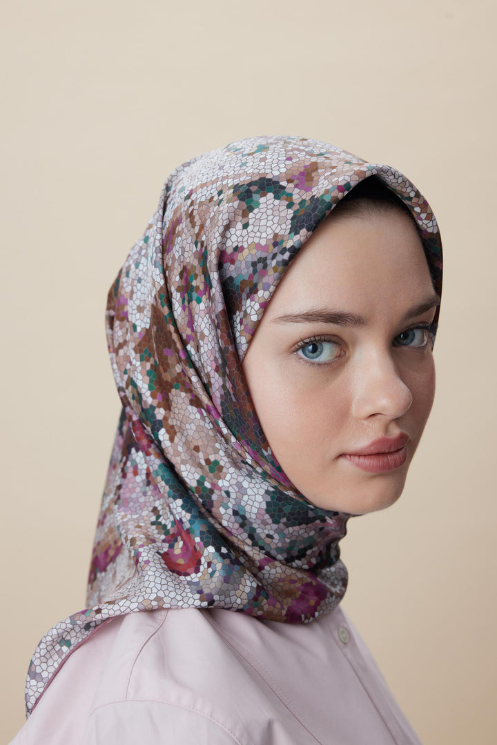 SU MASALI ÇİFT TARAFLI TİVİL İPEK EŞARP 90*90 CM - PUDRA PEMBE - Görsel 8