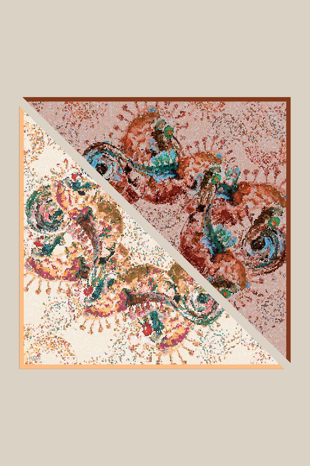 SU MASALI ÇİFT TARAFLI TİVİL İPEK EŞARP 90*90 CM - YAVRUAĞZI - Görsel 3