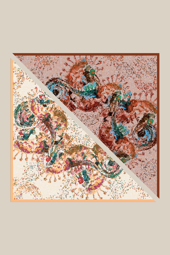 SU MASALI ÇİFT TARAFLI TİVİL İPEK EŞARP 90*90 CM - YAVRUAĞZI - Görsel 3