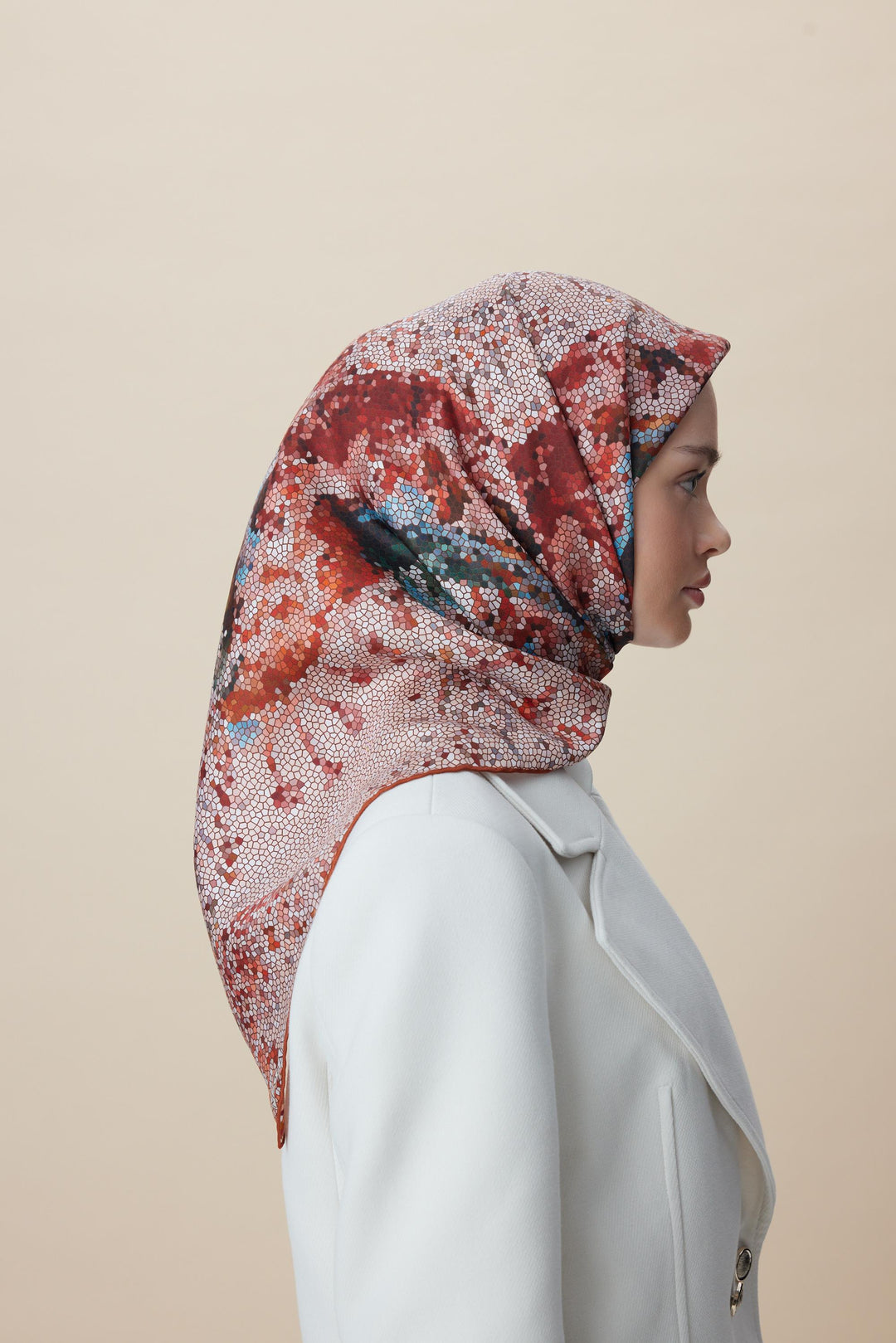 SU MASALI ÇİFT TARAFLI TİVİL İPEK EŞARP 90*90 CM - YAVRUAĞZI - Görsel 7