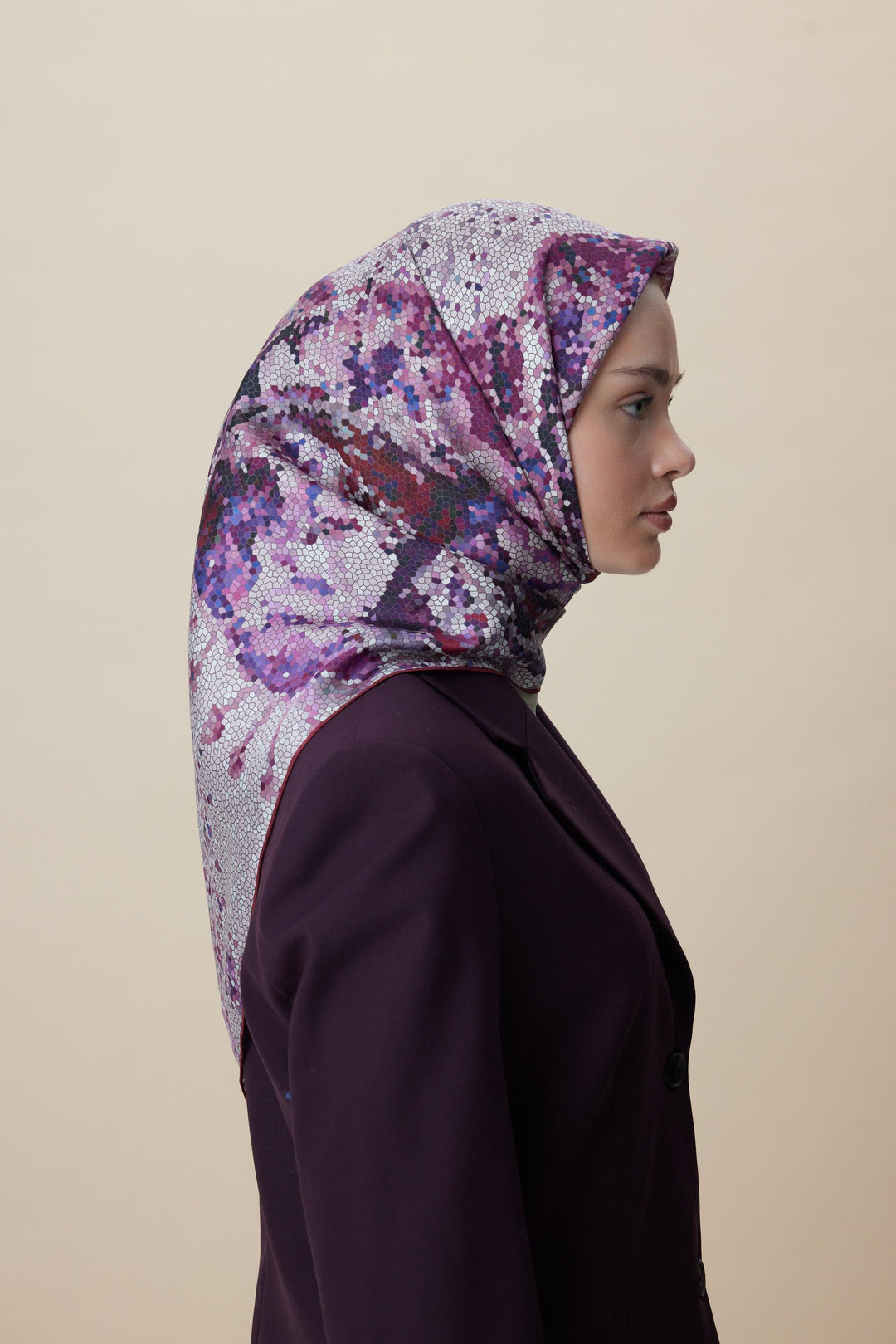 SU MASALI ÇİFT TARAFLI TİVİL İPEK EŞARP 90*90 CM - GÜL KURUSU - Görsel 14