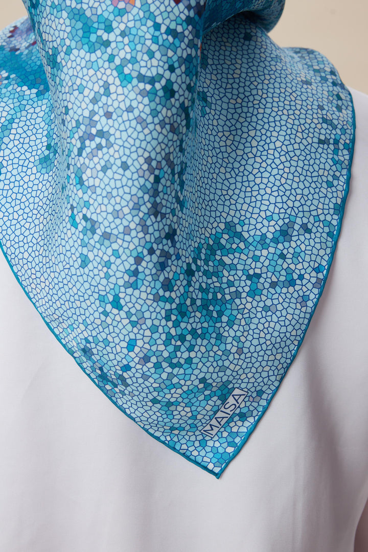 SU MASALI ÇİFT TARAFLI TİVİL İPEK EŞARP 90*90 CM - MAVİ - Görsel 10