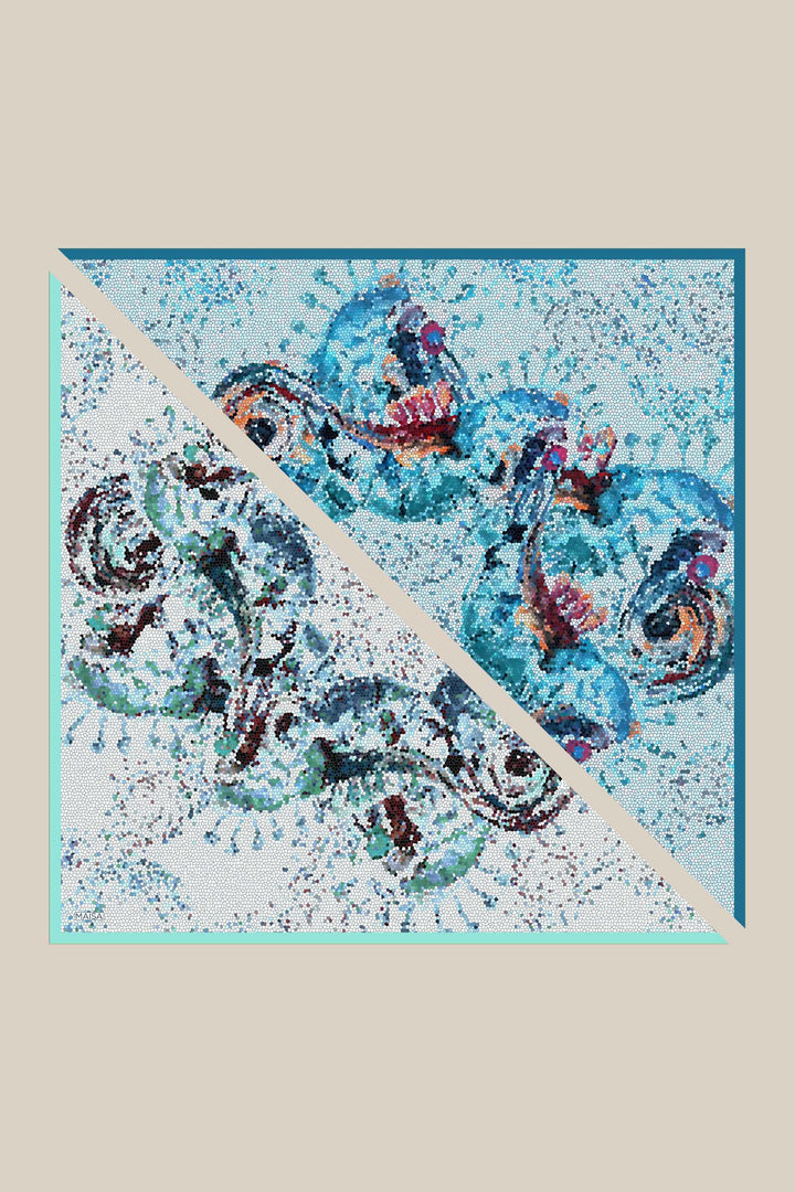 SU MASALI ÇİFT TARAFLI TİVİL İPEK EŞARP 90*90 CM - MAVİ - Görsel 3