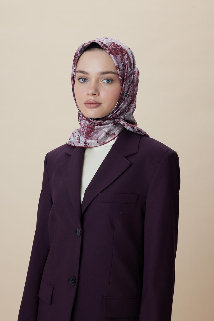 SU MASALI ÇİFT TARAFLI TİVİL İPEK EŞARP 90*90 CM - GÜL KURUSU - Görsel 4