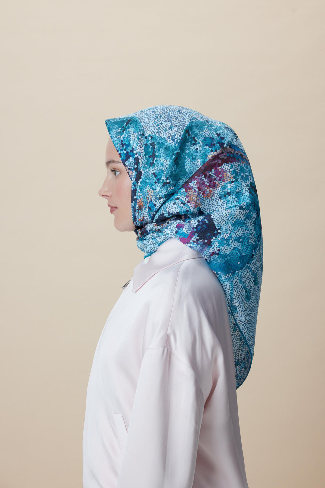 SU MASALI ÇİFT TARAFLI TİVİL İPEK EŞARP 90*90 CM - MAVİ - Görsel 7