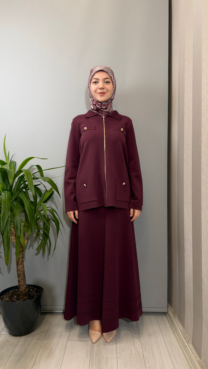 Valin Triko Fermuarlı Ceket Etek Takım 162988(162971) - Mürdüm 