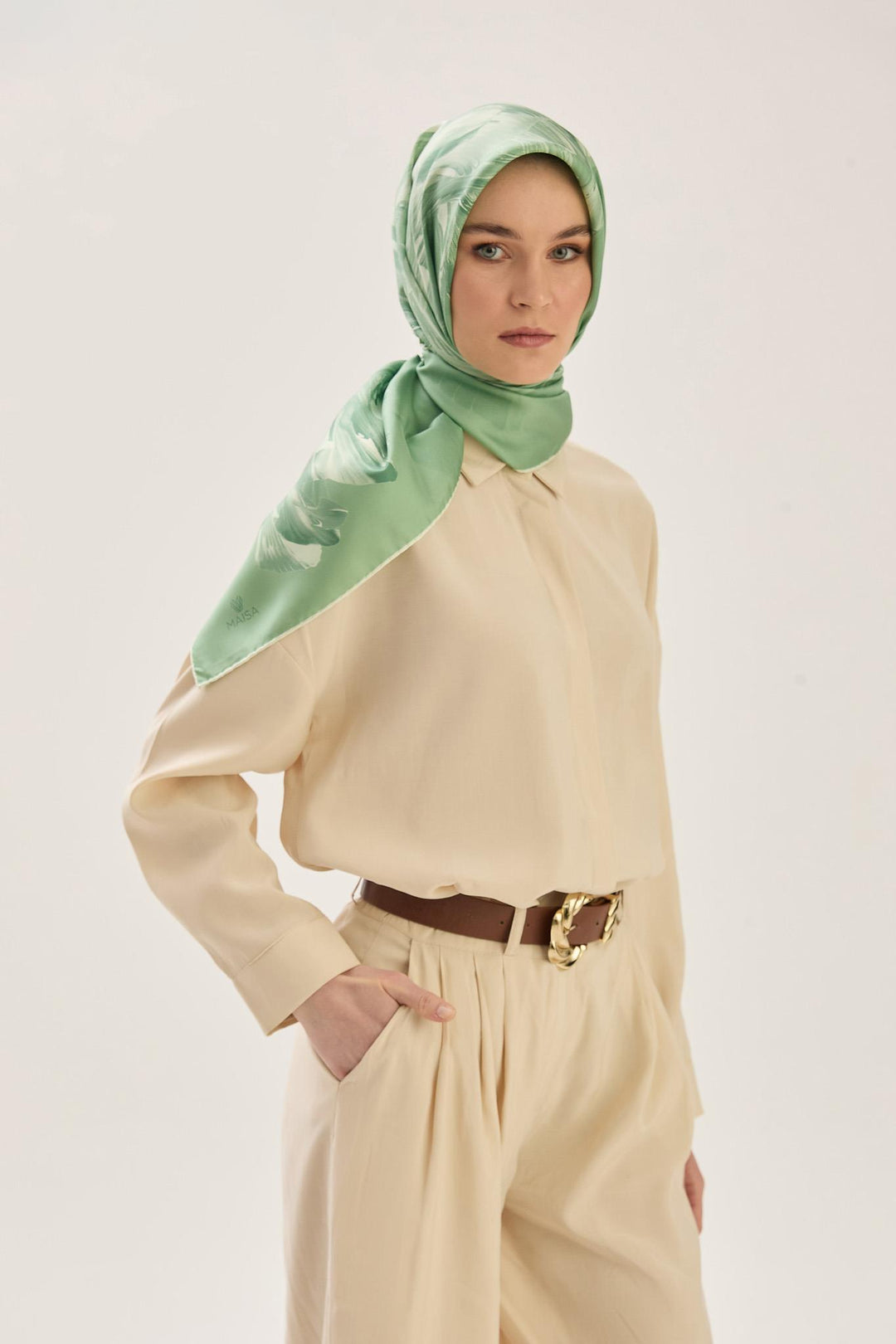 Maisa ZER TİVİL İPEK EŞARP 90*90 CM - YEŞİL