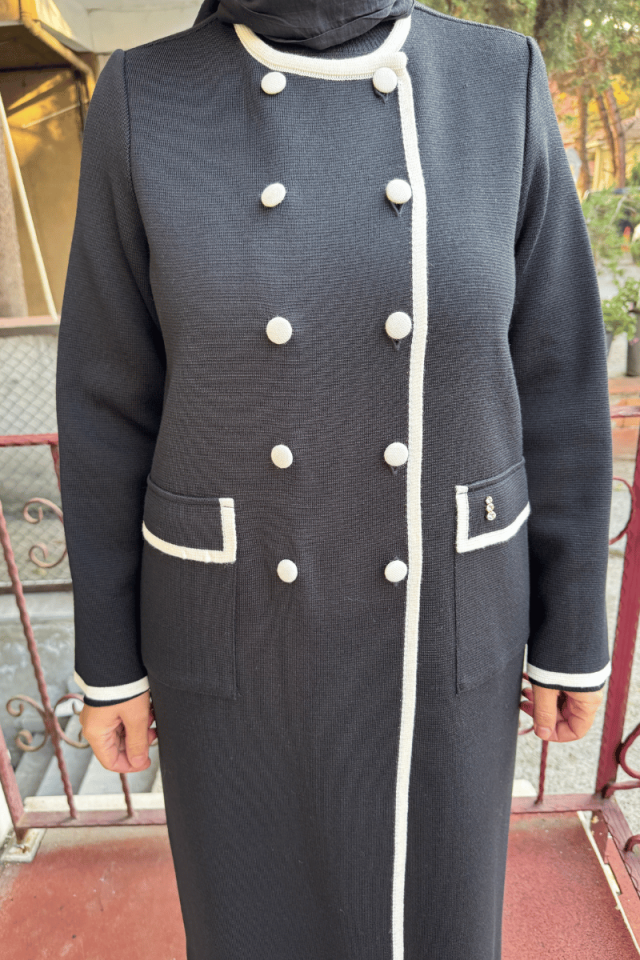 Miss Dalida İki Cepli Renk Şeritli Uzun Hırka Siyah T25K-9004
