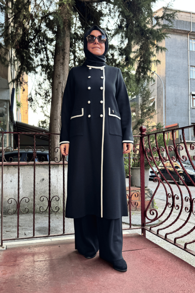 Miss Dalida İki Cepli Renk Şeritli Uzun Hırka Siyah T25K-9004