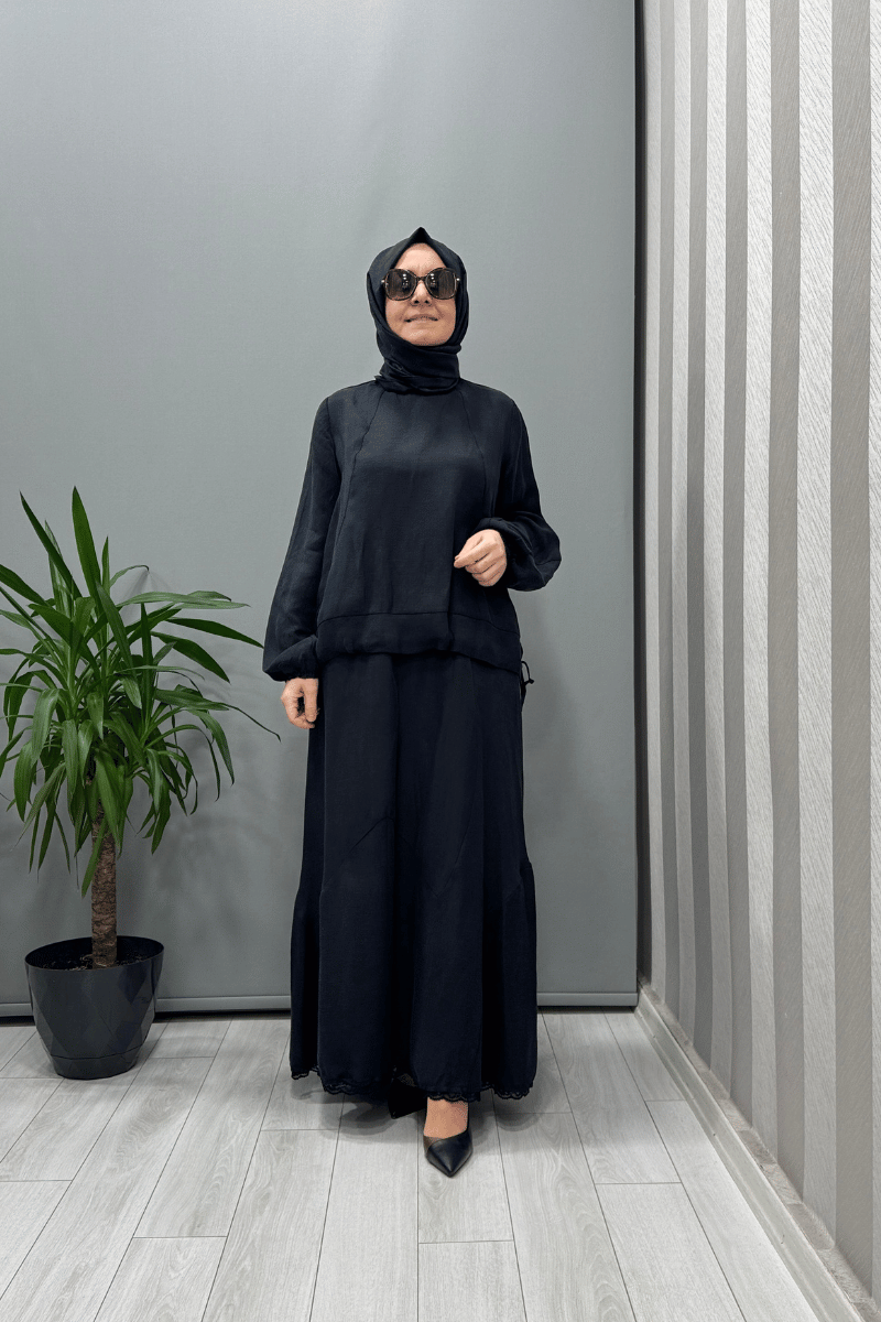 Misswhence İpek Keten Bluz Etek Takım Siyah 37000