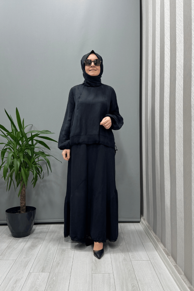 Misswhence İpek Keten Bluz Etek Takım Siyah 37000