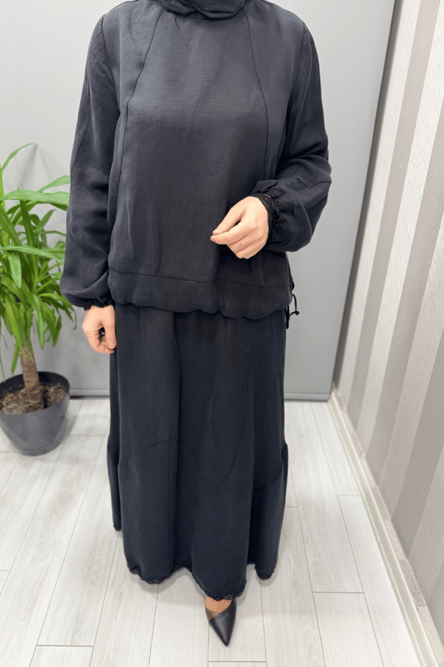 Misswhence İpek Keten Bluz Etek Takım Siyah 37000