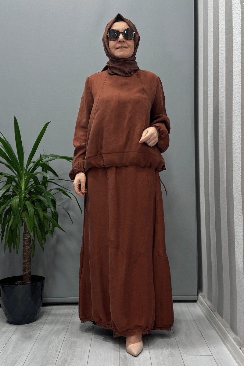 Misswhence İpek Keten Bluz Etek Takım Turuncu 37000
