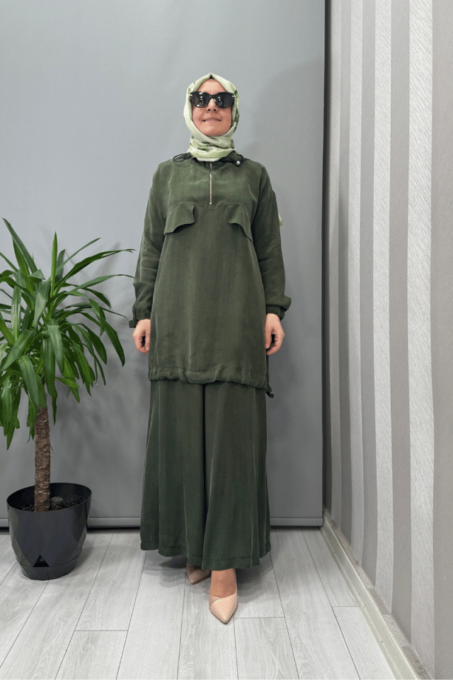 Misswhence Kapüşonlu Tunik Pantolon Takımı Yeşil 37007