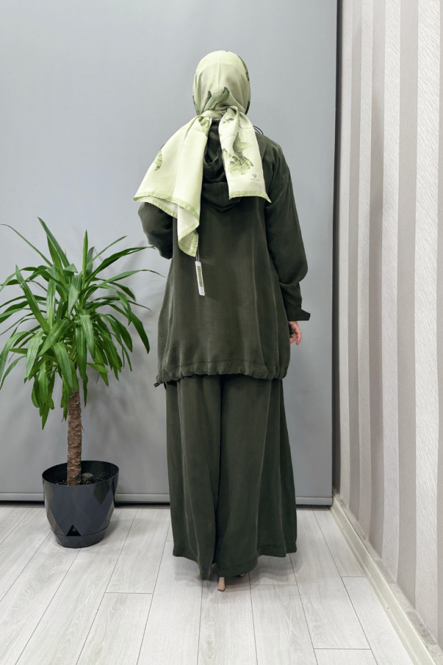 Misswhence Kapüşonlu Tunik Pantolon Takımı Yeşil 37007