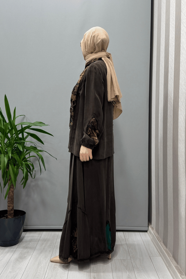 Misswhence Patchwork Detaylı Bluz Etek Takım Kahverengi 37003
