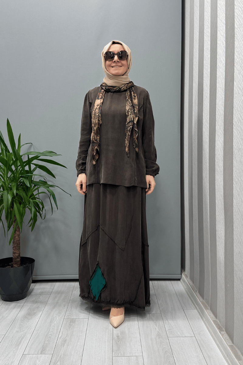 Misswhence Patchwork Detaylı Bluz Etek Takım Kahverengi 37003