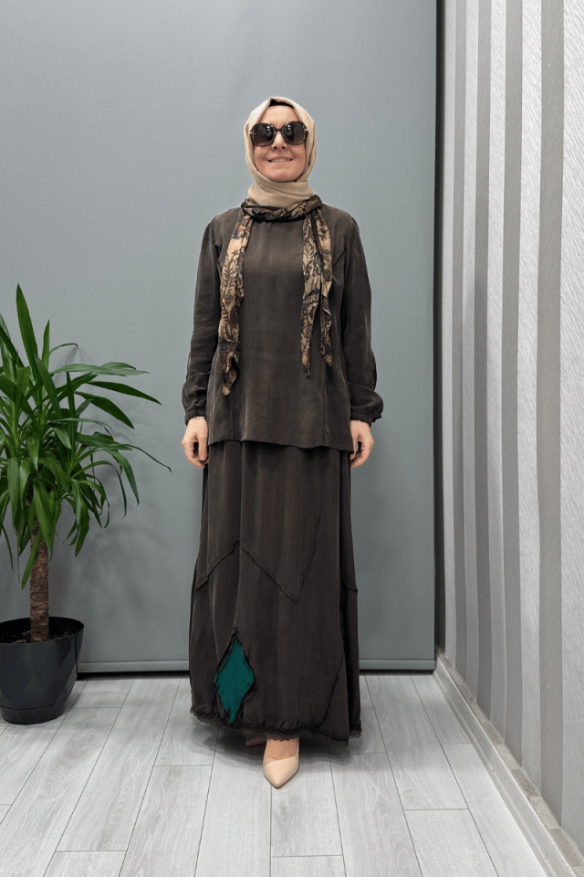 Misswhence Patchwork Detaylı Bluz Etek Takım Kahverengi 37003