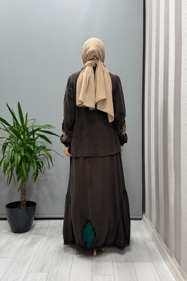 Misswhence Patchwork Detaylı Bluz Etek Takım Kahverengi 37003