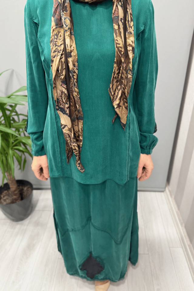 Misswhence Patchwork Detaylı Bluz Etek Takım Yeşil 37003