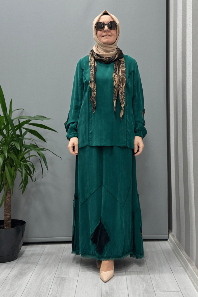 Misswhence Patchwork Detaylı Bluz Etek Takım Yeşil 37003