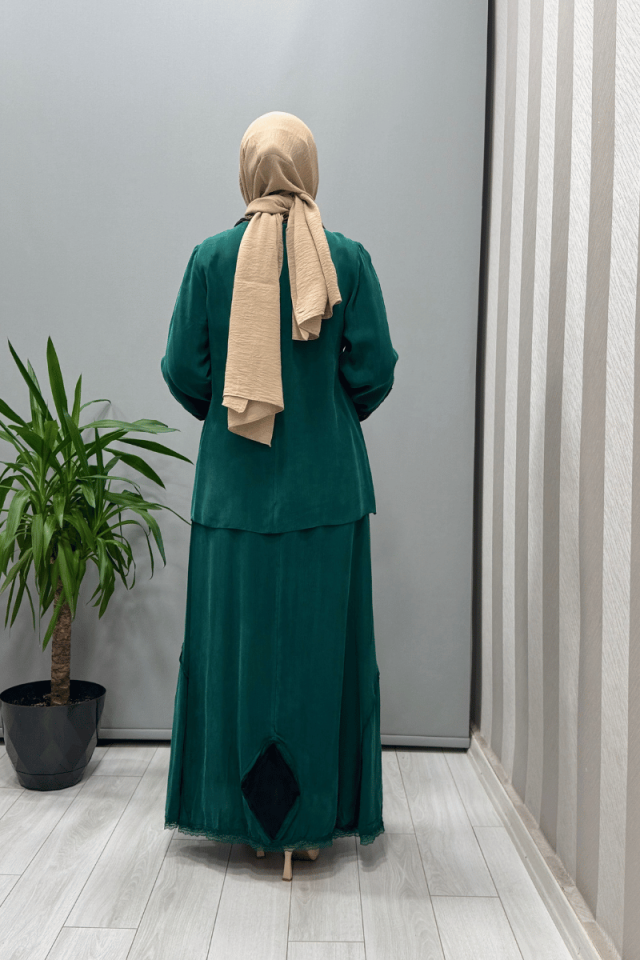 Misswhence Patchwork Detaylı Bluz Etek Takım Yeşil 37003