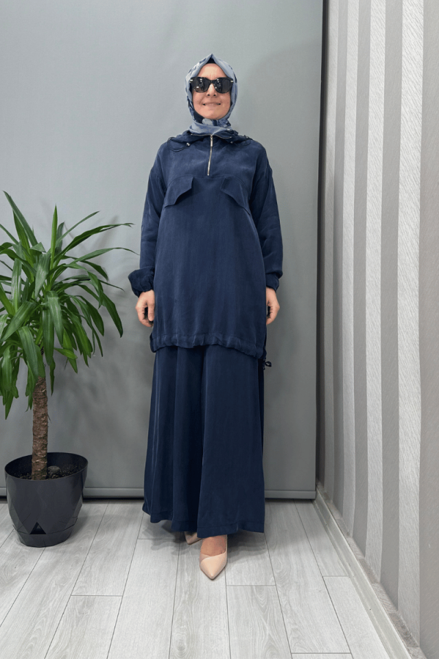 Misswhence Kapüşonlu Tunik Pantolon Takımı Lacivert 37007