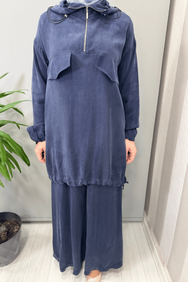 Misswhence Kapüşonlu Tunik Pantolon Takımı Lacivert 37007