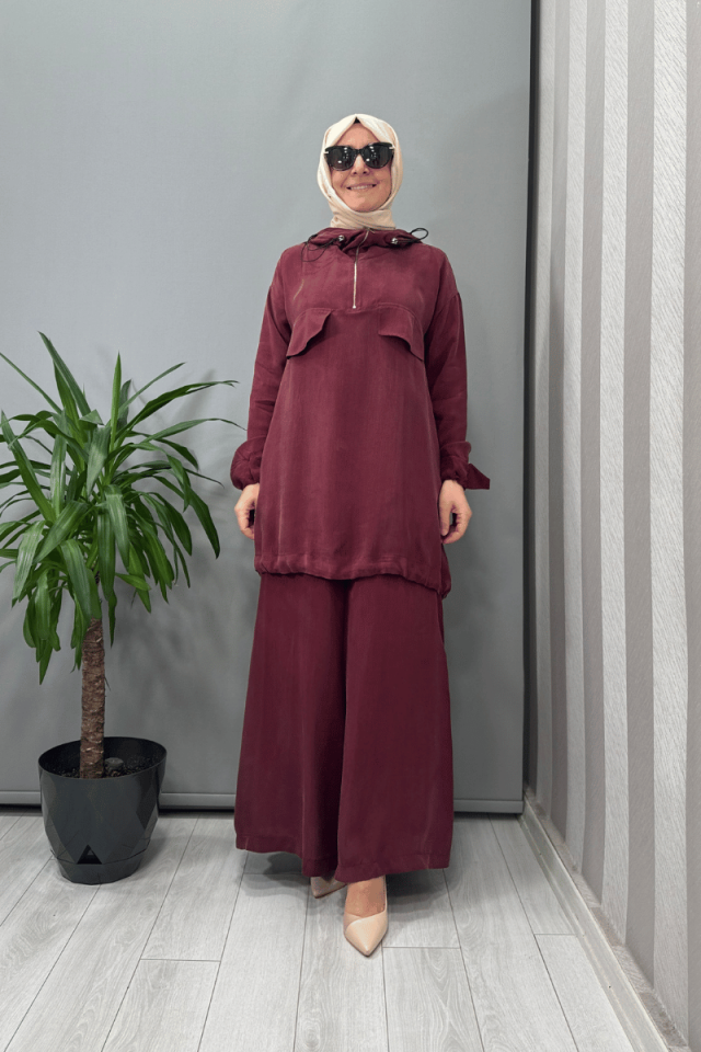 Misswhence Kapüşonlu Tunik Pantolon Takımı Bordo 37007