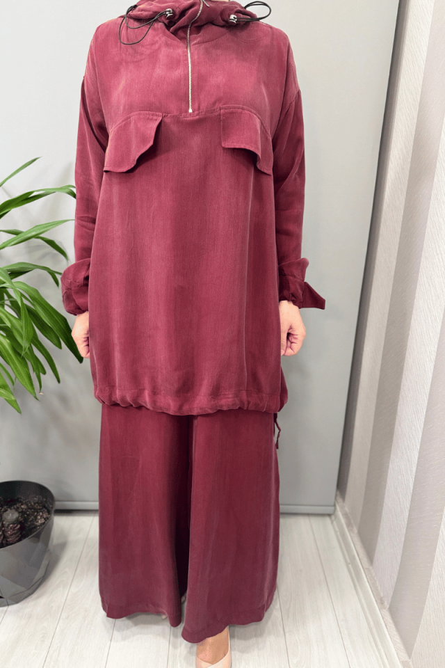Misswhence Kapüşonlu Tunik Pantolon Takımı Bordo 37007