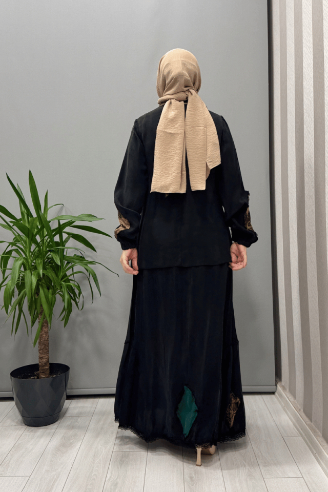 Misswhence Patchwork Detaylı Bluz Etek Takım Siyah 37003