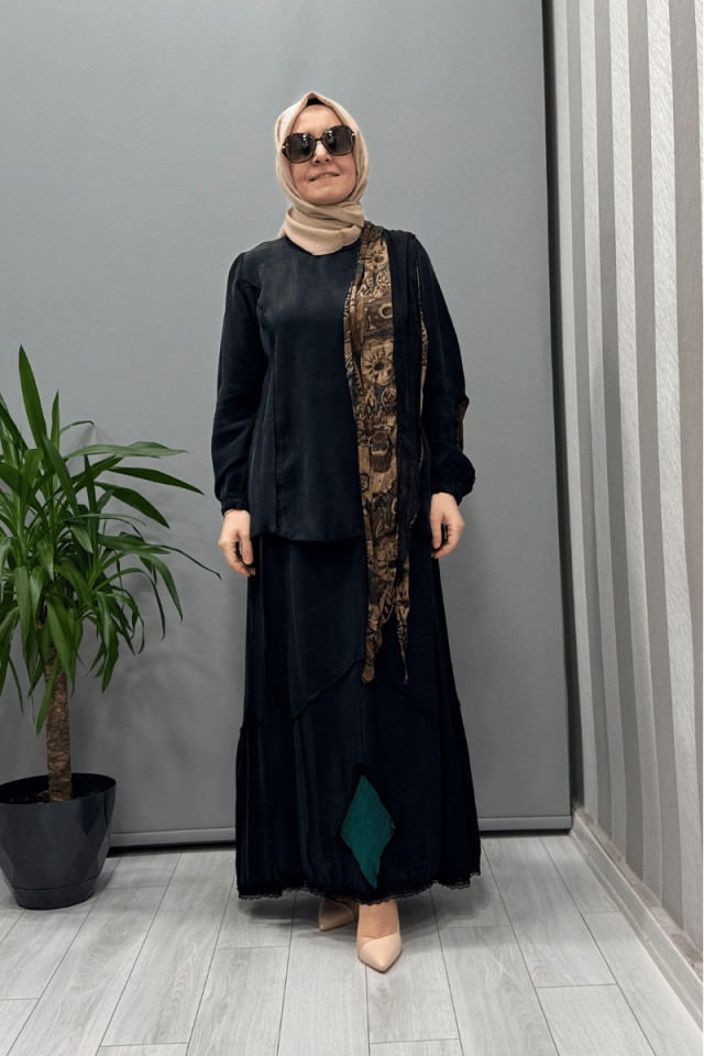 Misswhence Patchwork Detaylı Bluz Etek Takım Siyah 37003